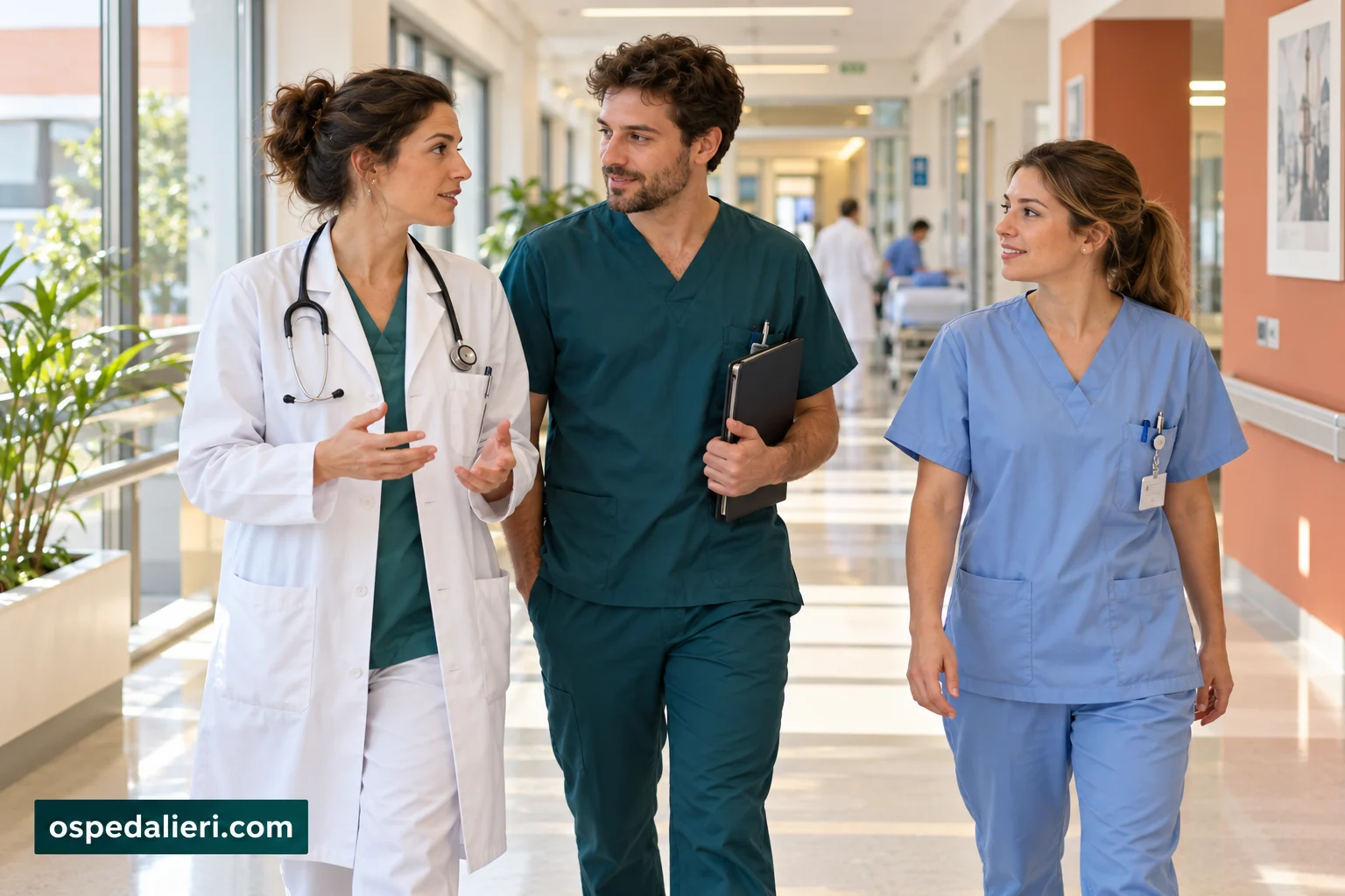 Tre figure di un’équipe ospedaliera: medico, infermiere e operatrice di supporto, immagine illustrativa